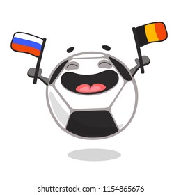 Happy soccer ball cartoon character holding flags of rival countries - Belgium and Russia. Football fan. Match. Vector illustration isolated on white background.