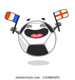 Happy soccer ball cartoon character holding flags of rival countries - England and France. Football fan. Vector illustration isolated on white background.