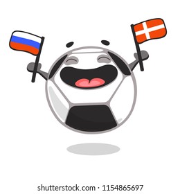 Happy soccer ball cartoon character holding flags of rival countries - Russia and Denmark. Football fan. Match. Vector illustration isolated on white background.