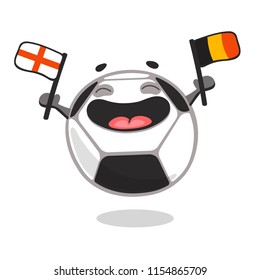 Happy soccer ball cartoon character holding flags of rival countries - England and Belgium. Football fan. Match. Vector illustration isolated on white background.