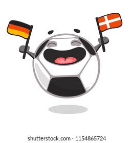 Happy soccer ball cartoon character holding flags of rival countries - Germany and Denmark. Football fan. Match. Vector illustration isolated on white background.