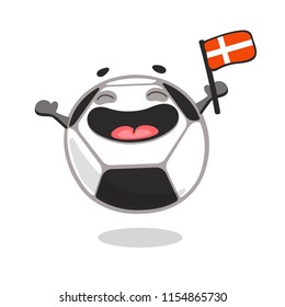 Happy soccer ball cartoon character holding flag of Denmark. Football fan on the match. Vector illustration isolated on white background.