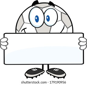 Happy Soccer Ball Cartoon Character Holding A Banner. Vector Illustration Isolated on white