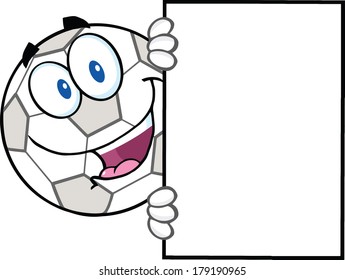 Happy Soccer Ball Cartoon Character Looking Around A Blank Sign. Vector Illustration Isolated on white