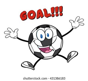 Happy Soccer Ball Cartoon Mascot Character Jumping With Text Goal. Vector Illustration Isolated On White Background