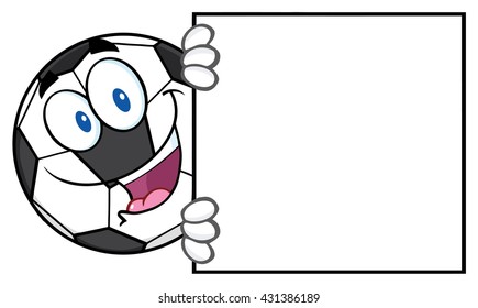 Happy Soccer Ball Cartoon Mascot Character Looking Around A Blank Sign. Vector Illustration Isolated On White Background