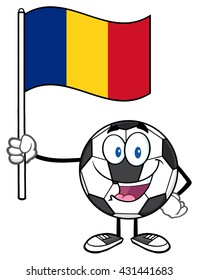 Happy Soccer Ball Cartoon Mascot Character Holding A Flag Of Romania. Vector Illustration Isolated On White Background