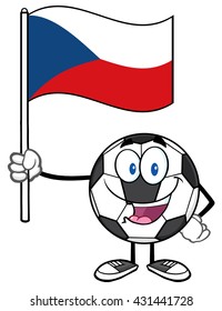 Happy Soccer Ball Cartoon Mascot Character Holding A Flag Of The Czech Republic. Vector Illustration Isolated On White Background
