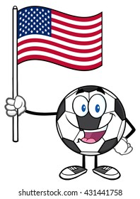 Happy Soccer Ball Cartoon Mascot Character Holding A Flag Of The United States. Vector Illustration Isolated On White Background