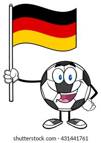 Happy Soccer Ball Cartoon Mascot Character Holding A Flag Of Germany. Vector Illustration Isolated On White Background