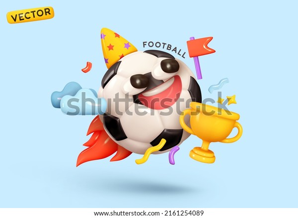 Happy\
soccer ball with golden cup. Football victory celebrations.\
Creative concept background with sports elements game. Realistic 3d\
design object cartoon style. vector\
illustration