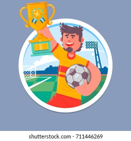 Happy Soccer champions with winners cup. Soccer cup, football championship flat vector illustration.