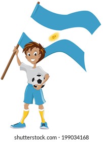 Happy soccer fan holds Argentina flag. Illustration in vector format