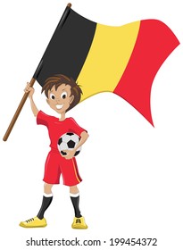 Happy soccer fan holds Belgium flag. Illustration in vector format