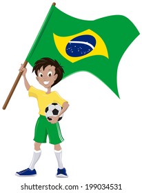 Happy soccer fan holds Brazilian flag. Illustration in vector format