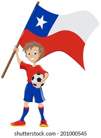 Happy soccer fan holds Chile flag.  Illustration in vector format