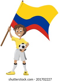 Happy soccer fan holds Colombian flag. Vector cartoon