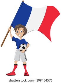 Happy soccer fan holds France flag. Illustration in vector format