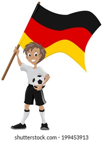 Happy soccer fan holds Germany flag. Illustration in vector format