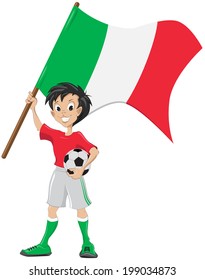 Happy soccer fan holds Italia flag. Illustration in vector format