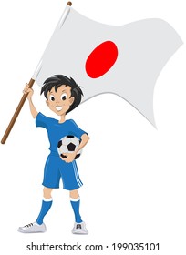 Happy soccer fan holds Japanese flag. Illustration in vector format