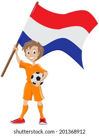 Happy soccer fan holds Netherlands flag.  Illustration Vector cartoon