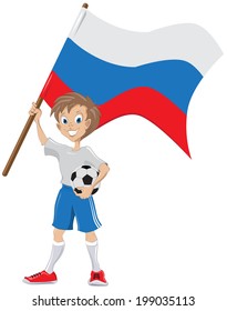 Happy soccer fan holds russian flag. Illustration in vector format