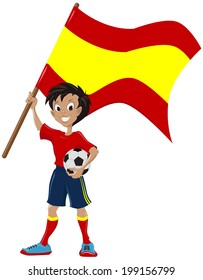 Happy soccer fan holds Spanish flag. Illustration in vector format