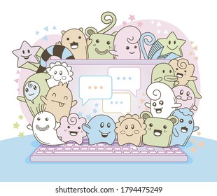 Happy Social Media Emoticons On Laptop - Doodle