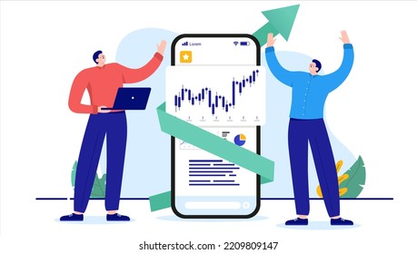 Happy sock market investors - Two people cheering and celebrating return on investment as chart are going up. Cartoon vector illustration in flat design with white background