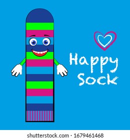 Happy Sock vector character. Bright background. Scalable design. Eps 10 