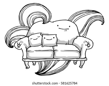Happy sofa and two pillows. Grayscale version