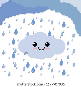 Happy soft cloud blue with a smile face. Rainy autumn weather. Drops are dripping down from the sky. The emotions of nature.
