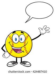 Happy Softball Cartoon Character Waving For Greeting With Speech Bubble. Vector Illustration Isolated On White Background