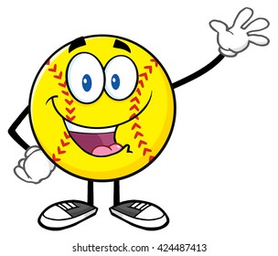 Happy Softball Cartoon Character Waving For Greeting. Vector Illustration Isolated On White Background