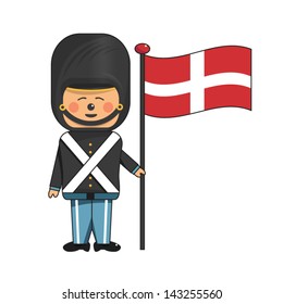 Happy soldier in black uniform holding the danish flag