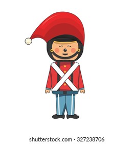 Happy soldier elf in red uniform and a Christmas hat