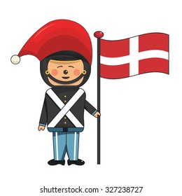 Happy soldier elf with a xmas hat holding the danish flag