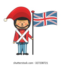 Happy soldier in red uniform and a Christmas hat holding the british flag