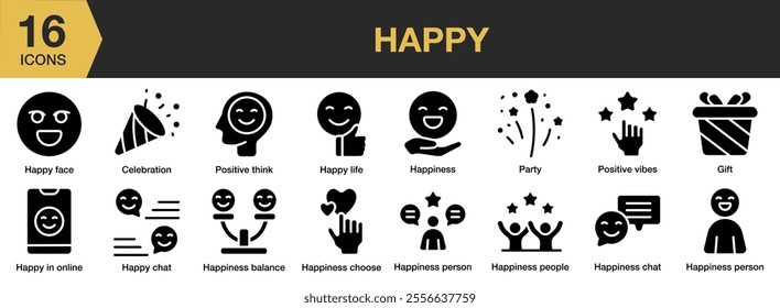 Happy solid icon set. Includes life, party, gift, person, balance, chat, positive vibes, and More. Solid icons vector collection.