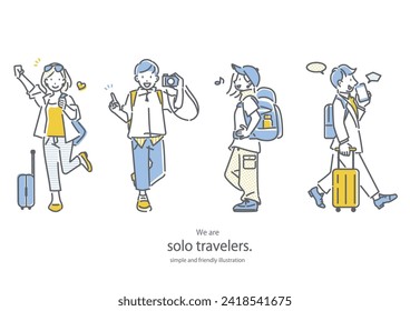 happy solo travelers, simple and cute illustration