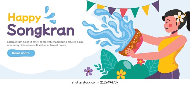 Happy Songkran Day Horizontal Banner Vector Illustration 