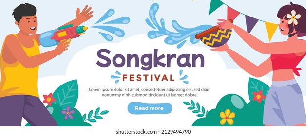 Happy Songkran Day Horizontal Banner Vector Illustration 