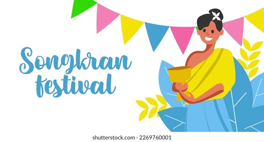 Happy Songkran day horizontal banner. 