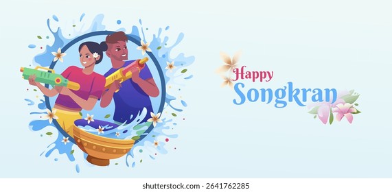Happy Songkran Festival Background With Couple Surrounded By Traditional Elements