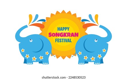 Happy Songkran festival day vector illustration. Songkran - water festival in Thailand. Thai new year national holiday. Colorful vector banner with elephants splashing water on white background.