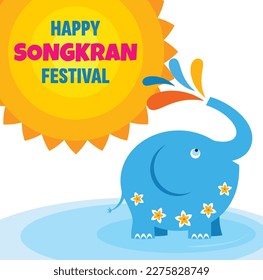 Happy Songkran festival day vector illustration. Songkran - water festival in Thailand. Thai new year national holiday. Colorful vector banner with elephants splashing water on white background.