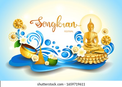 Happy Songkran Festival is the traditional Thai New Year celebrated on April / Golden Buddha statue of thailand
