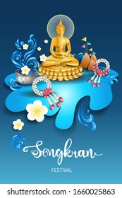 Happy Songkran Festival is the traditional Thai New Year celebrated on April / Golden Buddha statue of thailand