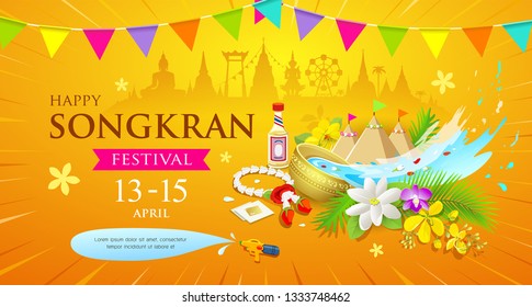 Happy Songkran Thailand Water splashing festival design yellow background, vector illustration Happy Songkran Thailand Water splashing festival design yellow background, vector illustration